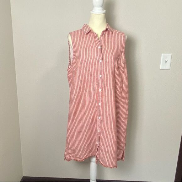 BeachLunchLounge Linen Blend Red & White Striped Button Up Shirt Dress Womens XL - Picture 9 of 16